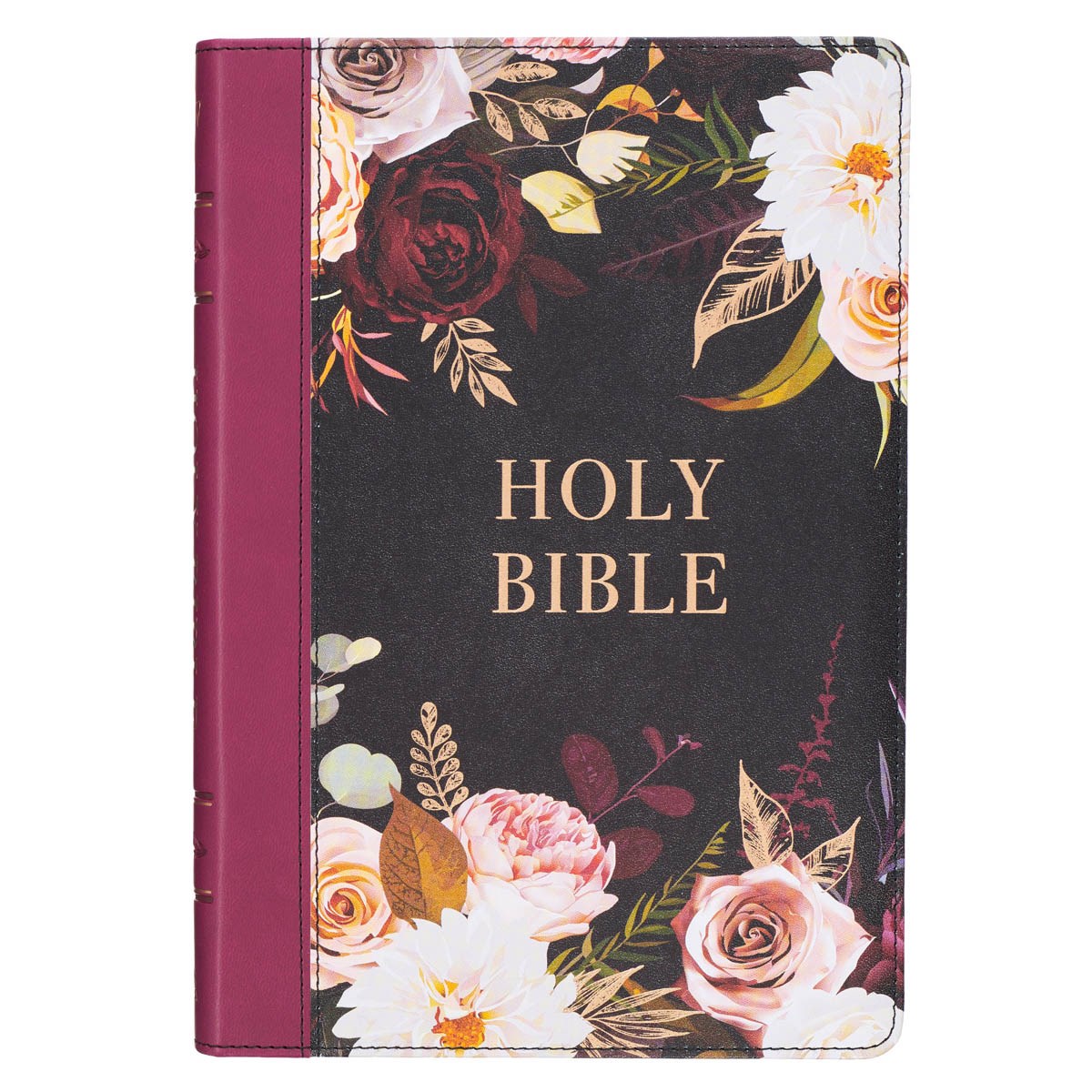 275666 KJV Large Print Thinline Bible - Black & Burgundy Floral Printed Faux Leather