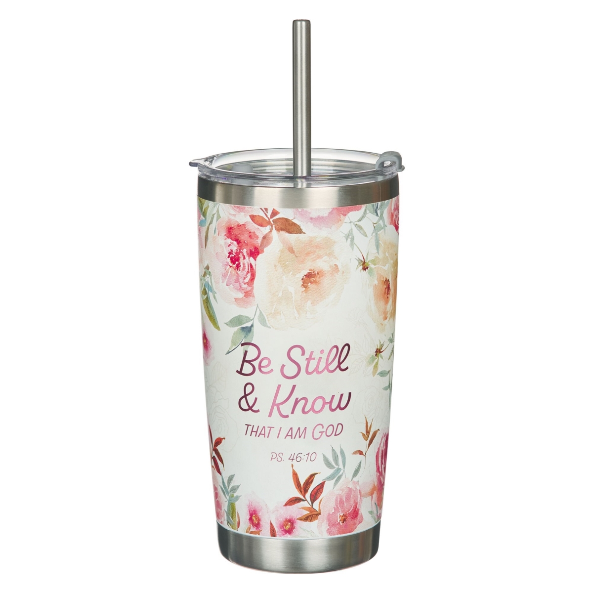 Picture of Christian Art Gifts 380927 Stainless Steel Tumbler - Peach with Straw - Be Still - PS. 46-10