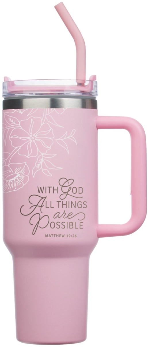 Picture of Christian Art Gifts 754101 Stainless Steel Pink with God All Things Matt. 19-26 Tumbler