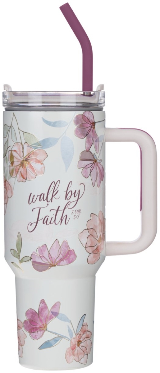 Picture of Christian Art Gifts 754095 Stainless Steel White Floral Walk By Faith 2 Cor. 5-7 Tumbler with Straw