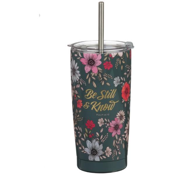 Picture of Christian Art Gifts 754096 Stainless Steel Teal Floral Tumbler - Be Still & Know, Psalm 46-10