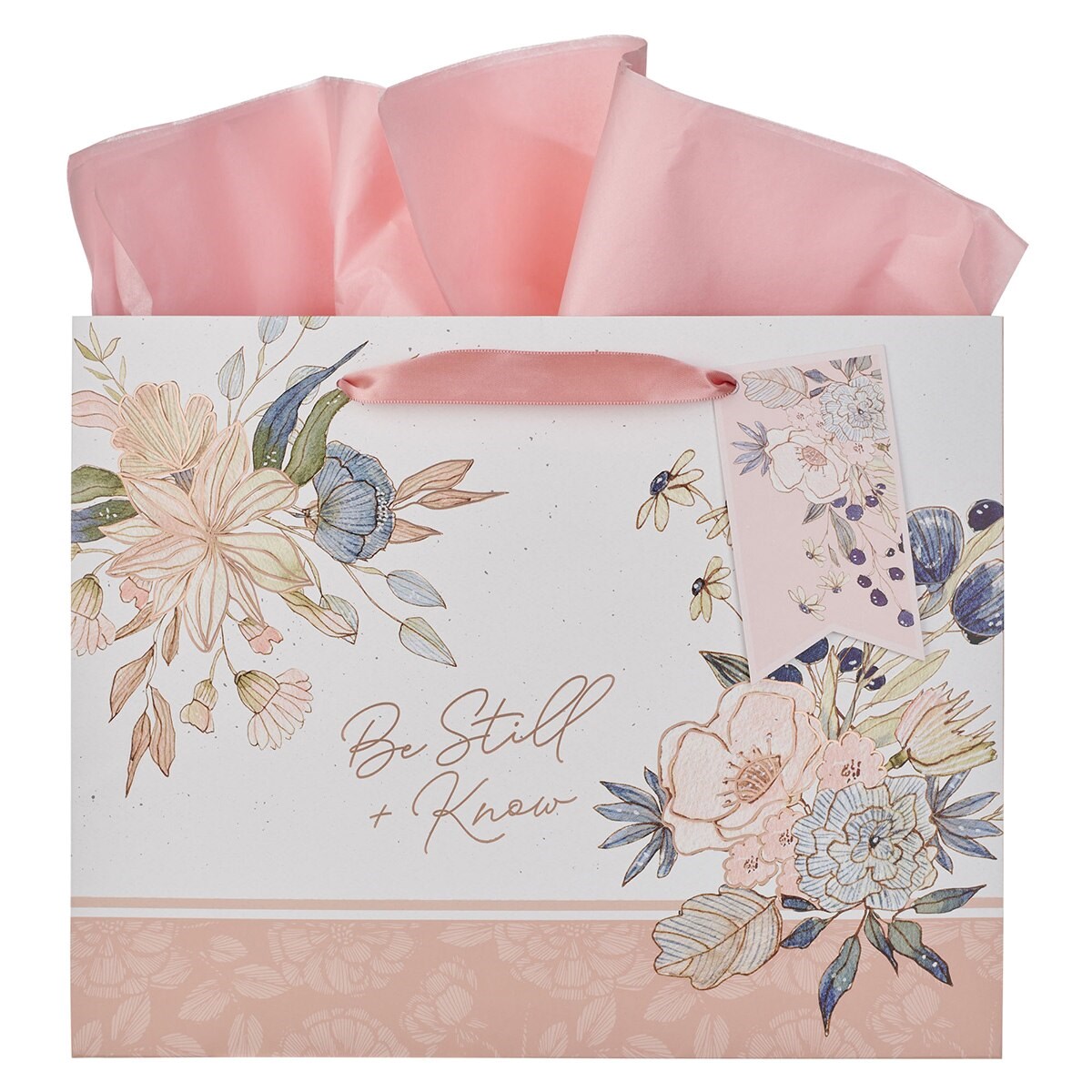 368583 Gift Bag - Large Landscape - Be Still Ps. 46-10 - Pink & Blue Floral