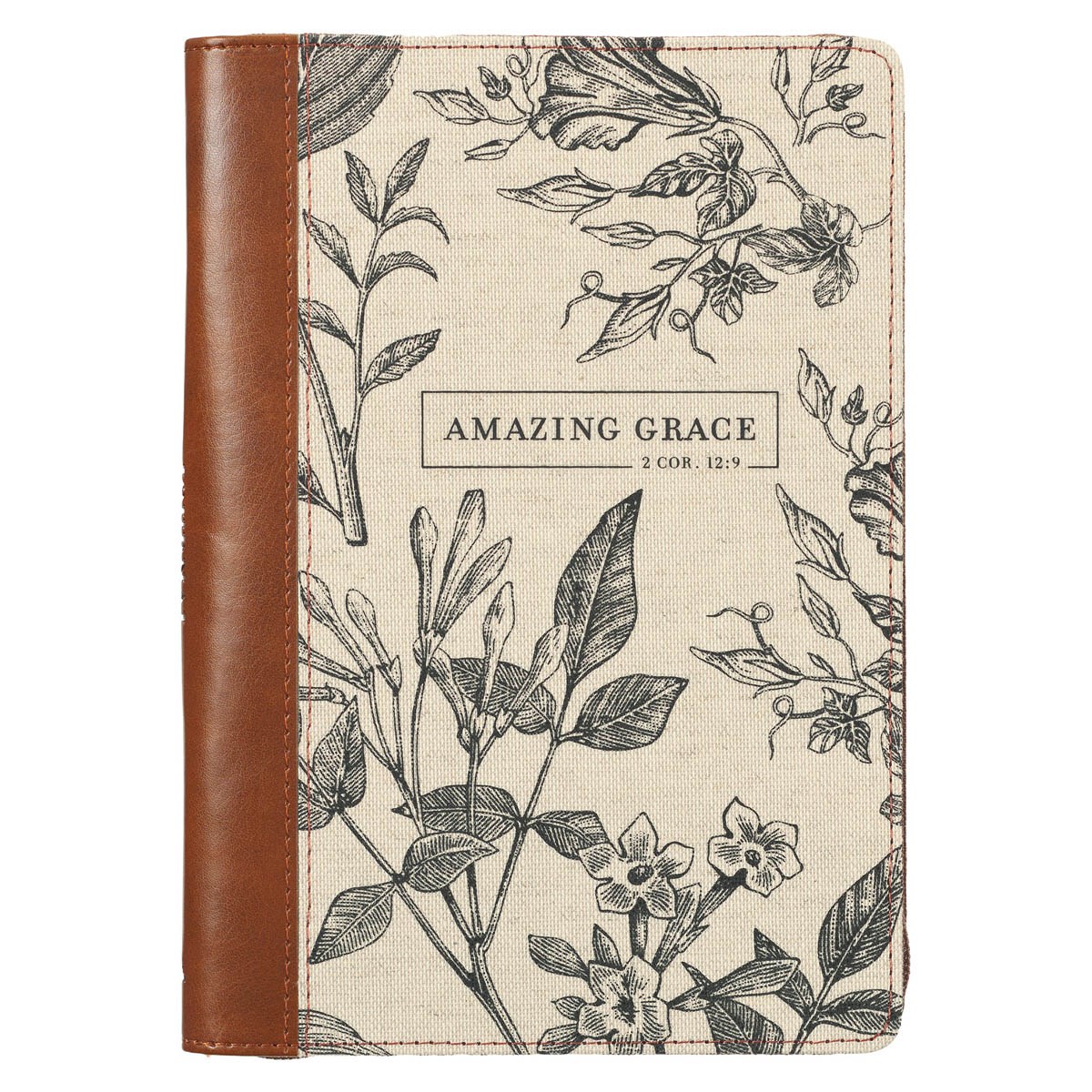 276326 Classic Zip Brown & Cream Floral Printed Amazing Grace 2 Cor. 12-9 Journal Book