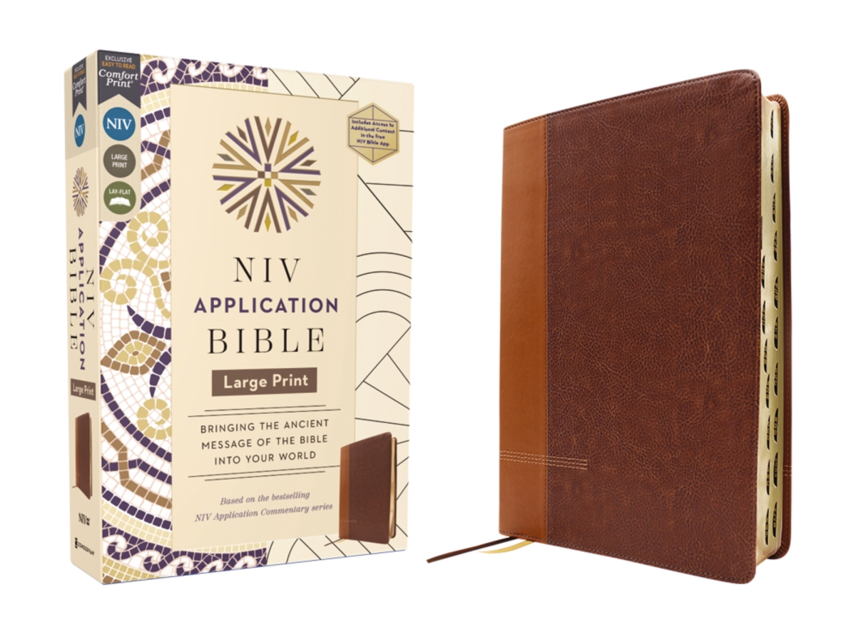 373656 NIV Application Large Print Bible, Comfort Print Edition, Brown Leathersoft Indexed