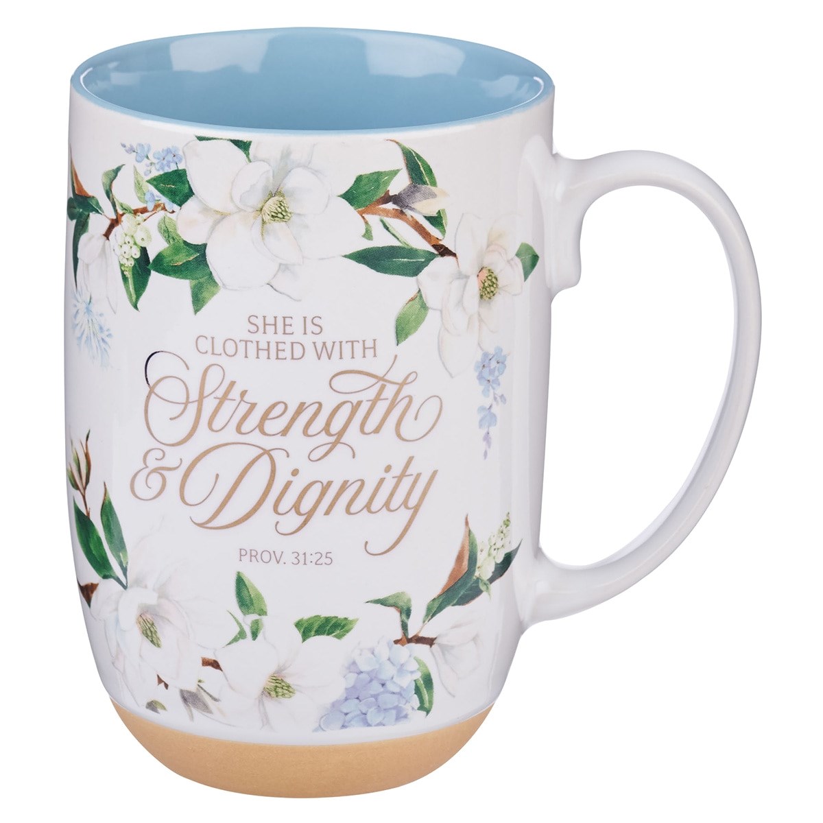 Picture of Christian Art Gifts 380558 Mug - Strength & Dignity - Proverbs 31-25 - Blue Floral