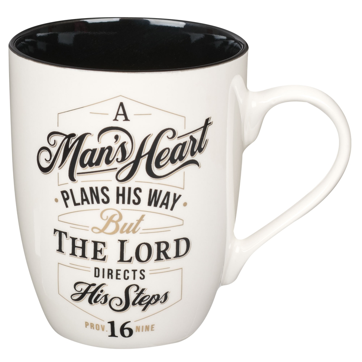 Picture of Christian Art Gifts 406228 Mug - Budget - A Mans Heart - Proverbs 16-9 - White & Black