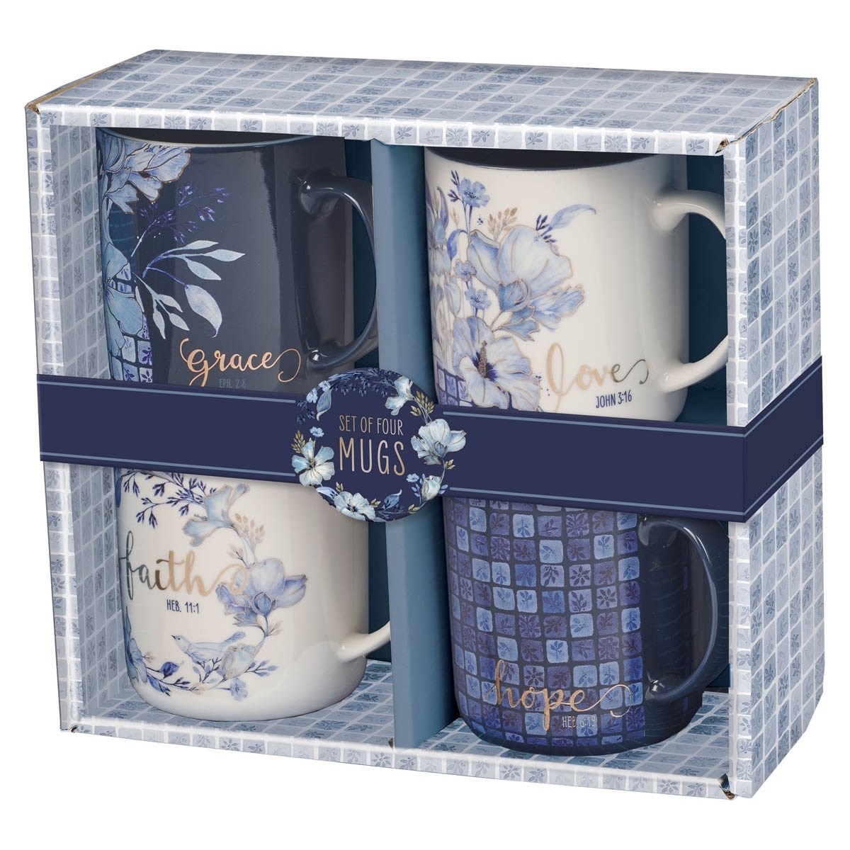 Picture of Christian Art Gifts 368483 Ceramic Mug Set - Blue Floral Geometric - Set of 4