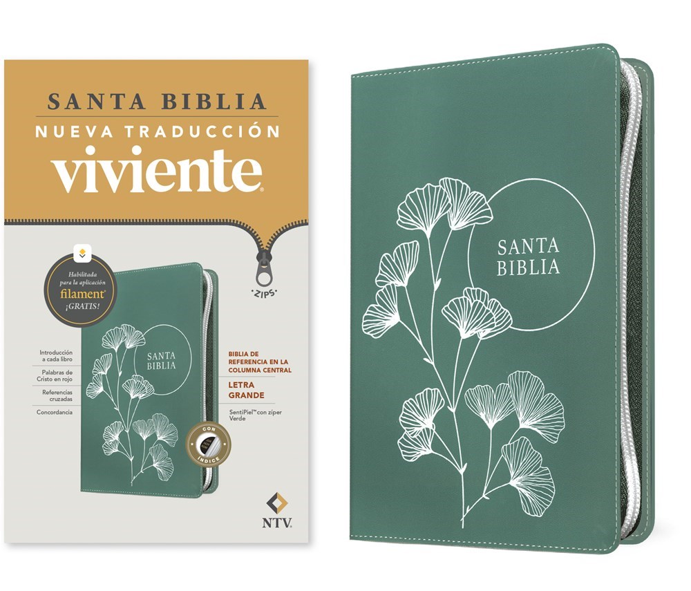 561701 NTV Center Column Reference Bible, Large Zipper Letter with Filament-Green Leatherlike Indexed