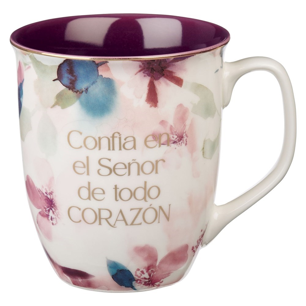 Picture of Christian Art Gifts 471784 Ceramic Mug - Confia En El Senor Prov. 3-5 - White & Purple
