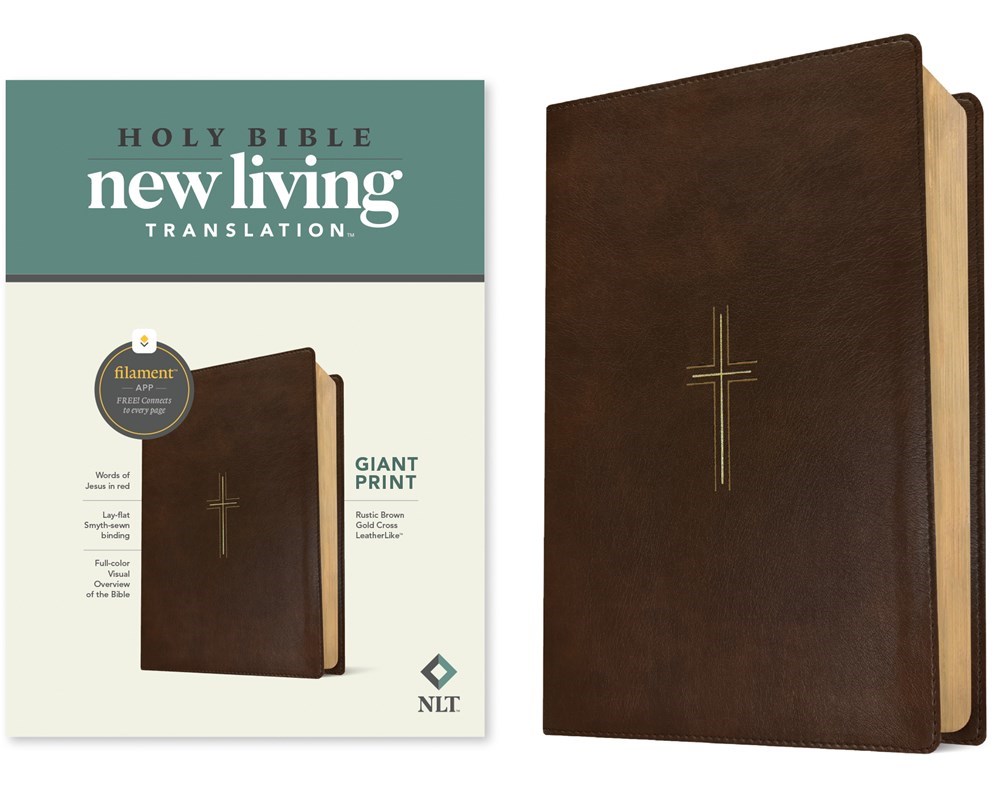 731089 NLT Giant Print Filament Enabled RL Bible - Rustic Brown Gold Cross Leatherlike
