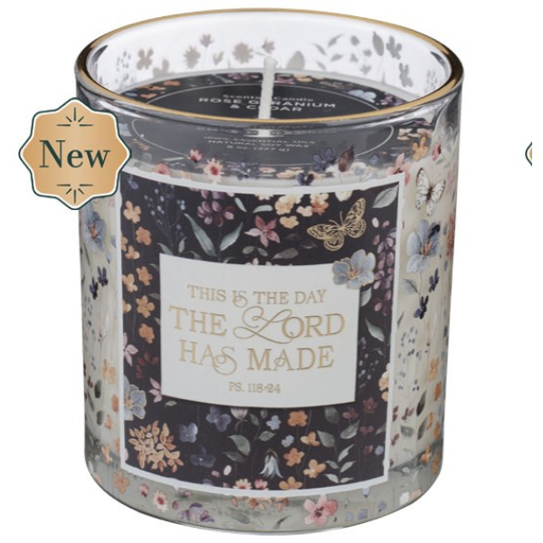 745661 This Is The Day The Lord Has Made - Rose Geranium & Cedar Scent in Glass Jar Candle - Psalm 118-24