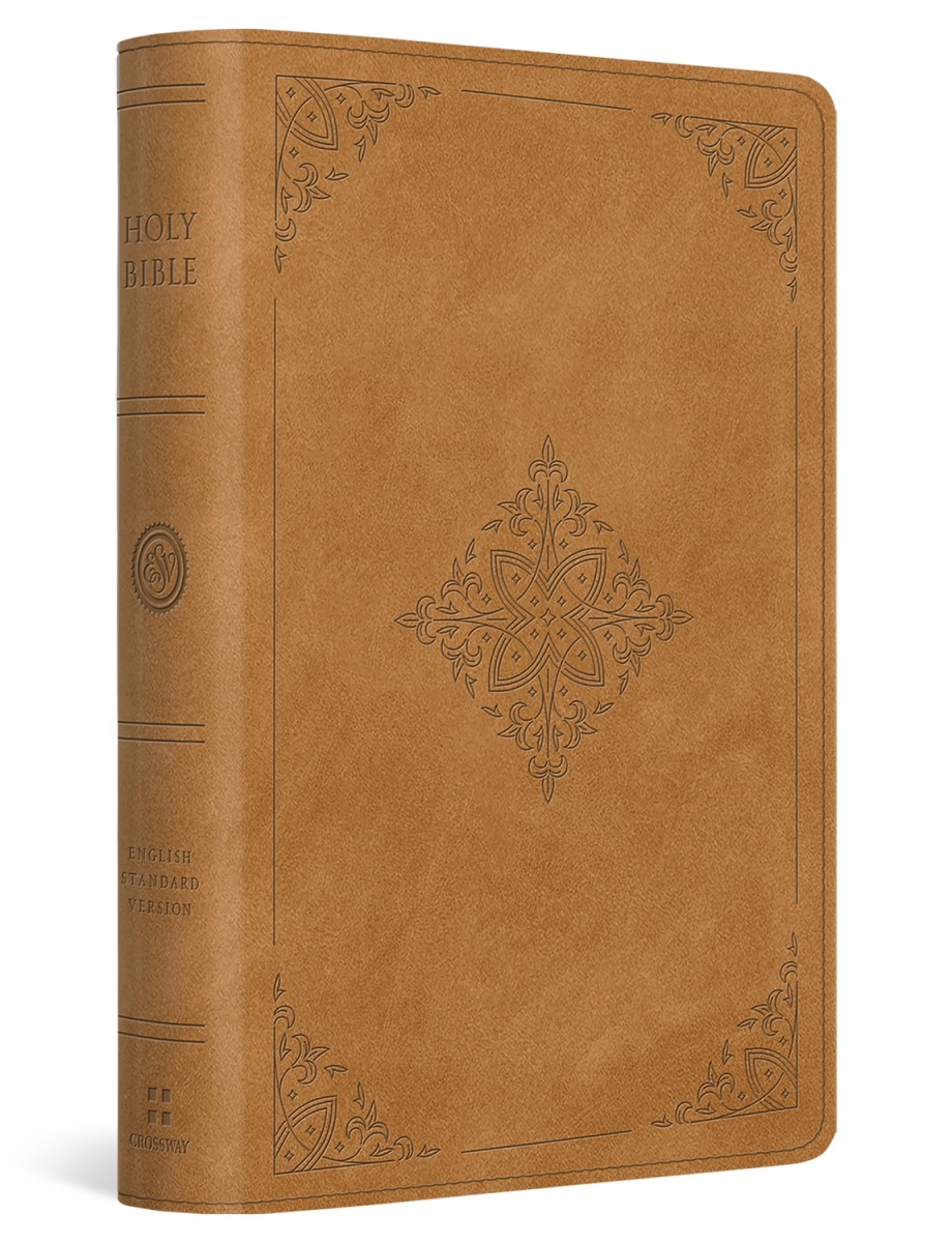 409098 ESV Large Print Bible Nubuck Caramel Fleur De Lis Design True Tone Book