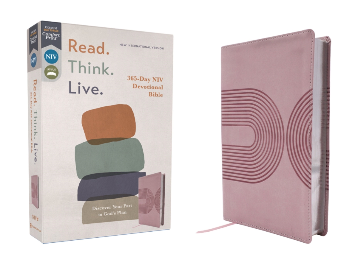 581103 NIV Read. Think. Live. 365-Day Comfort Print Devotional Bible - Pink Leathersoft