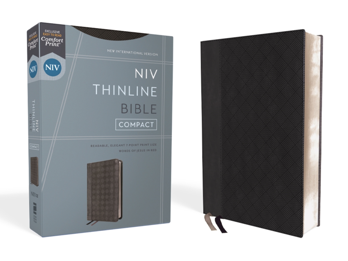 319941 NIV Thin Line Bible, Compact - Comfort Print - Black & Gray Leather Soft