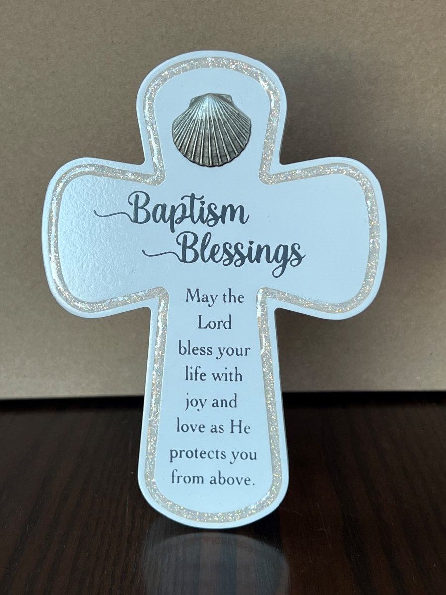 719137 Baptism Blessings White Glitter Cross with Easelback
