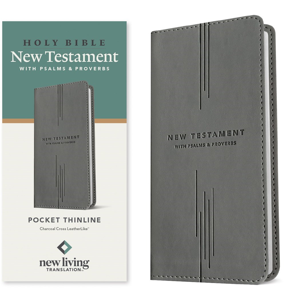 703437 NLT Pocket Thinline   Testament with Psalms & Proverbs Book - Charcoal Cross Leatherlike