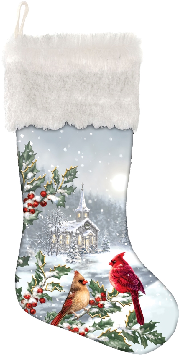 Glow Decor 82565X White & Gold Cardinals Led Stocking with Timer & Faux Fur Trim