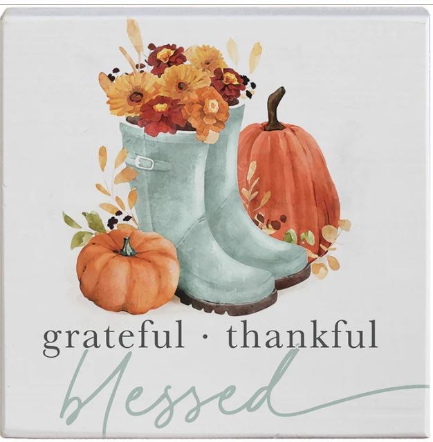 817257 5.25 x 5.25 in. Grateful, Thankful, Blessed & Fall Boots Small Talk Square Wall Decor