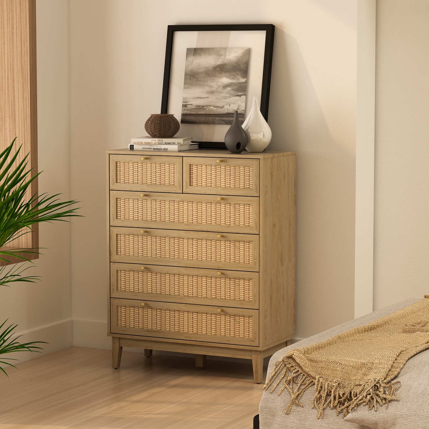 Bodrum 6-Rattan Drawer Chest, Brown