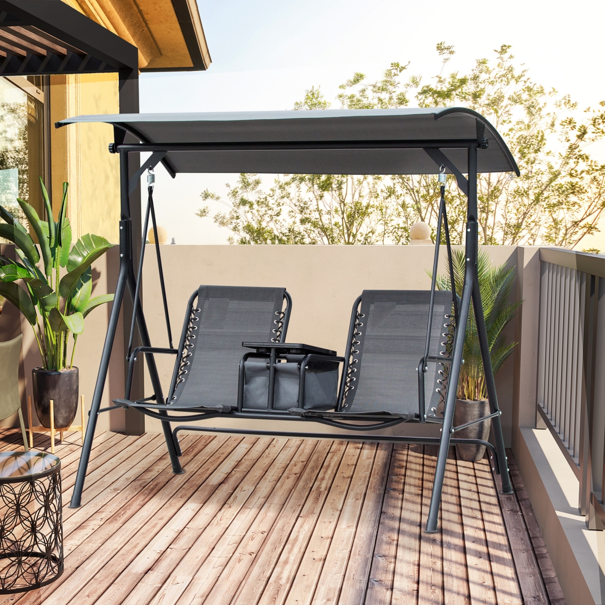 2-Person Porch Swing with Canopy - Grey - Includes Pivot Storage Table - UV Protection