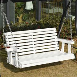 Wooden Patio Swing Bench - White - 46 in. - Seats 2 Adults - Cup Holders