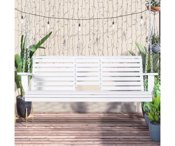 3-Seater Wooden Porch Swing - White - Includes Folding Coffee Table & Cup Holders
