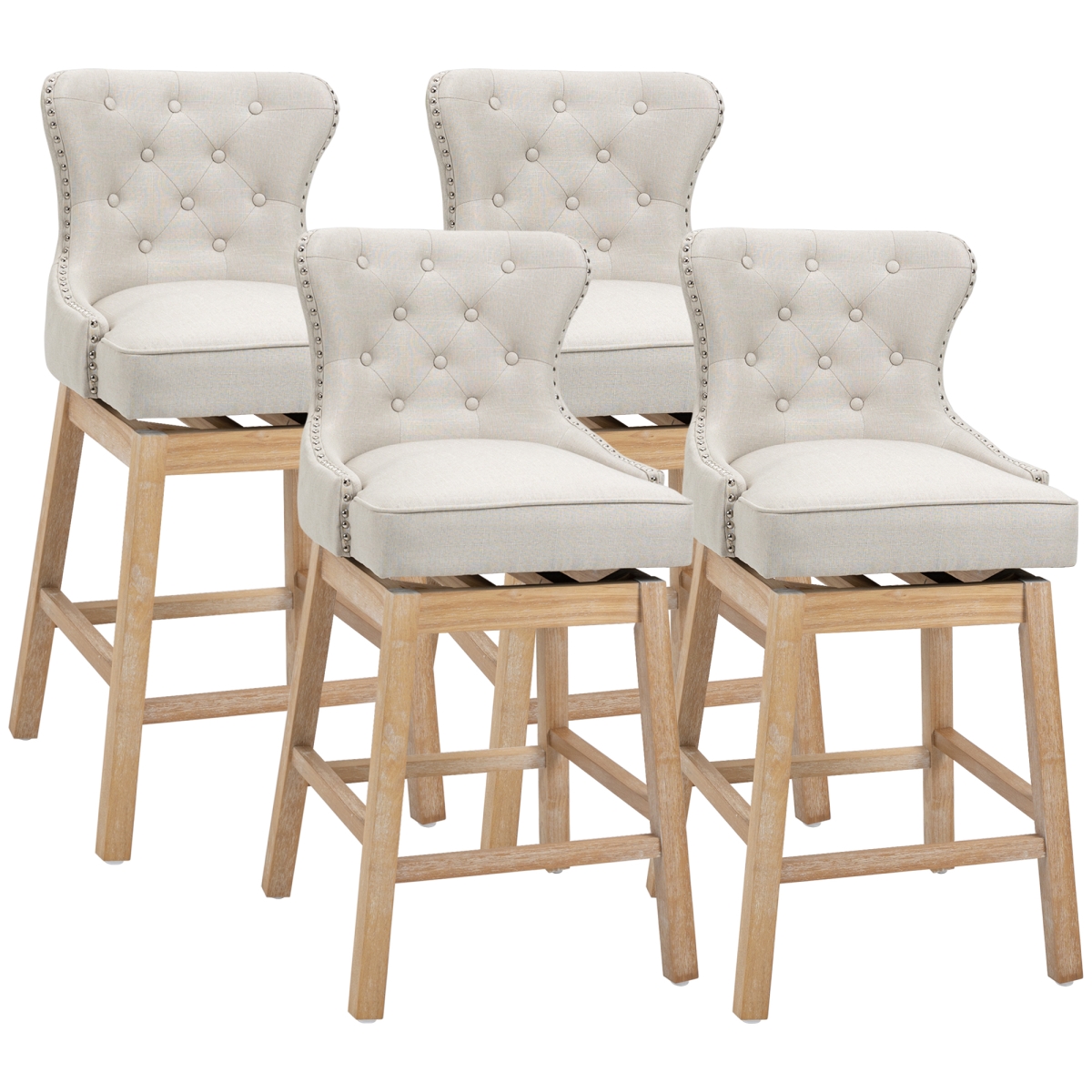 Picture of 212 Main 835-P104 Homcom Upholstered Fabric Bar Height Bar Stools&#44; 180 deg Swivel Nailhead-Trim Pub Chairs&#44; 30 in. Seat Height with Rubber Wood Legs&#44; Cream - Set of 4