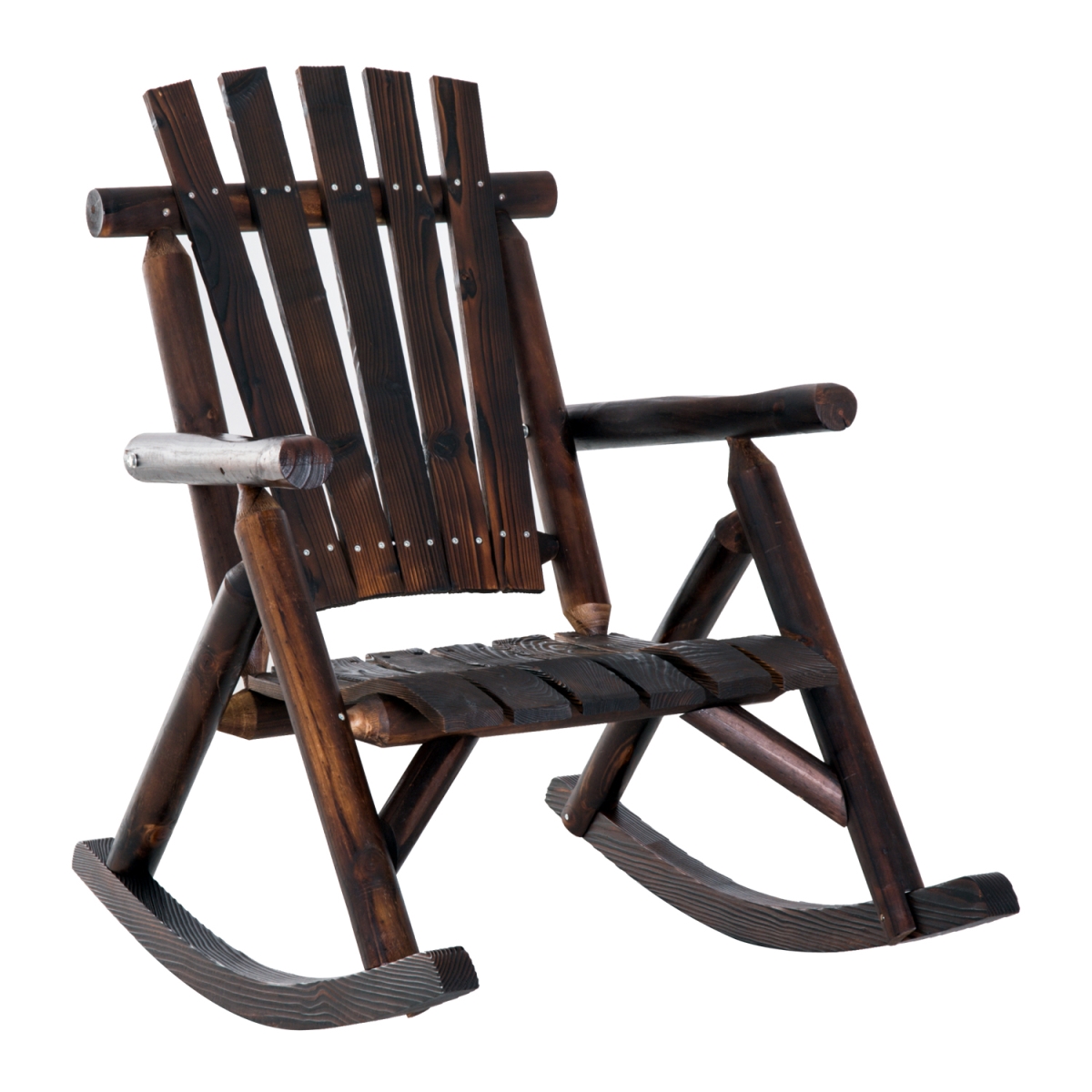 84A-065 Outsunny Wooden Rustic Rocking Chair, Indoor Outdoor Adirondack Log Rocker with Slatted Design for Patio & Lawn, Carbonized Color