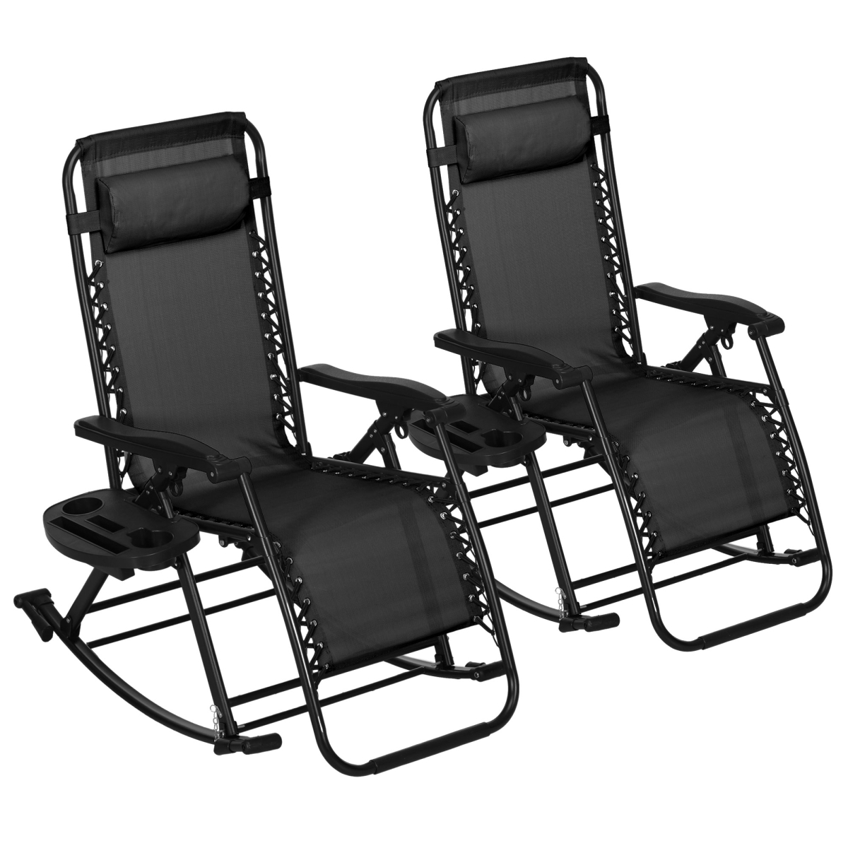 84A-080V02BK Outsunny Outdoor Rocking Chairs Foldable Reclining Zero Gravity Lounge Rocker with Pillow Cup & Phone Holder, Black - 2 Piece
