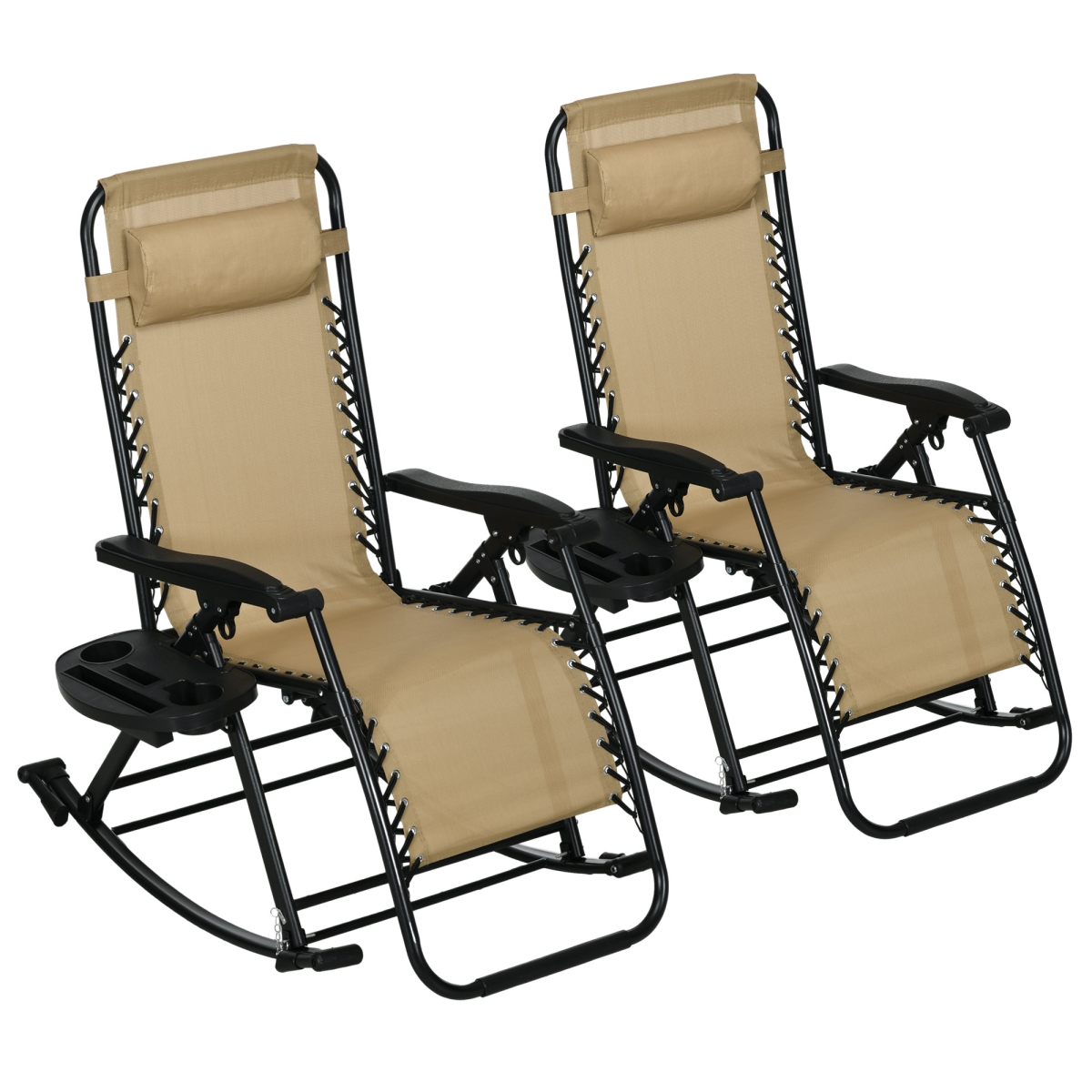 84A-080V02CW Outsunny Outdoor Rocking Chairs Foldable Reclining Zero Gravity Lounge Rocker with Pillow Cup & Phone Holder, Beige - 2 Piece