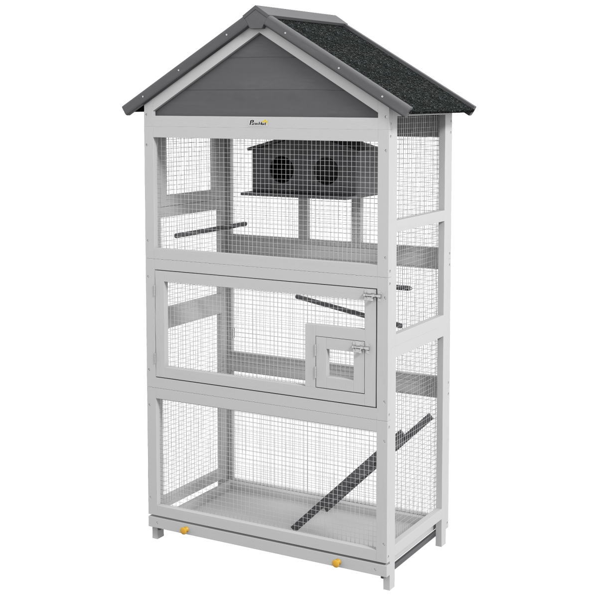 Picture of 212 Main D10-098V00GY PawHut Wooden Bird Aviary with Slide-Out Tray&#44; Bird House&#44; Ladder&#44; Perches for Finches&#44; Parakeets&#44; Gray