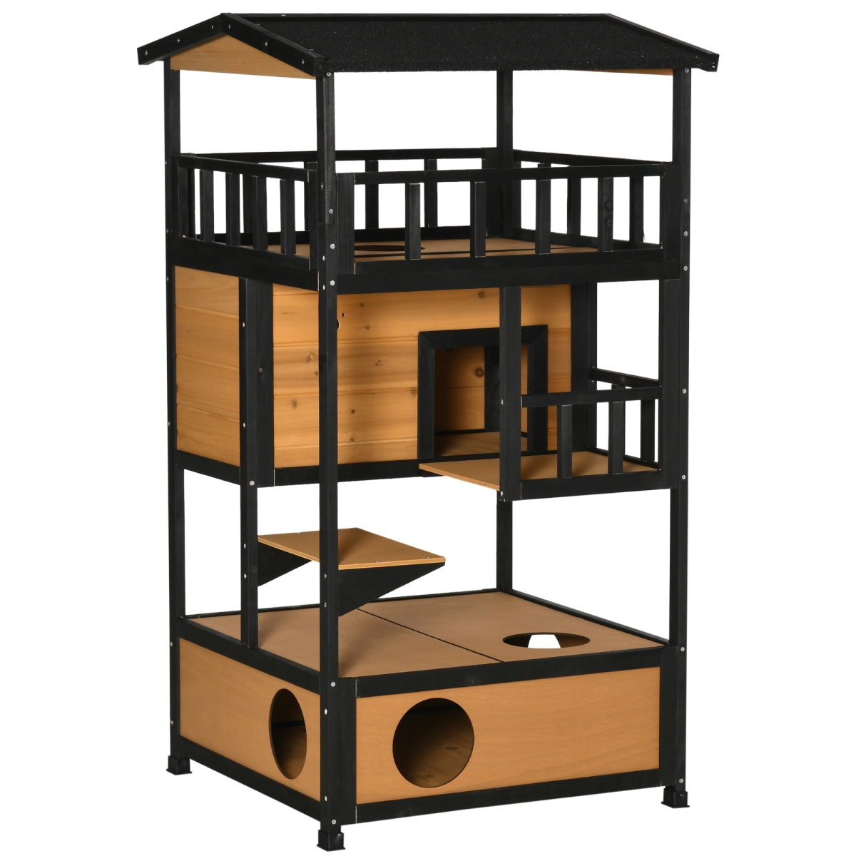 Picture of 212 Main D30-222ND PawHut Wooden Outdoor Cat House&#44; Feral Cat Shelter Kitten Tree with Asphalt Roof&#44; Escape Doors&#44; Condo&#44; Jumping Platform&#44; Yellow