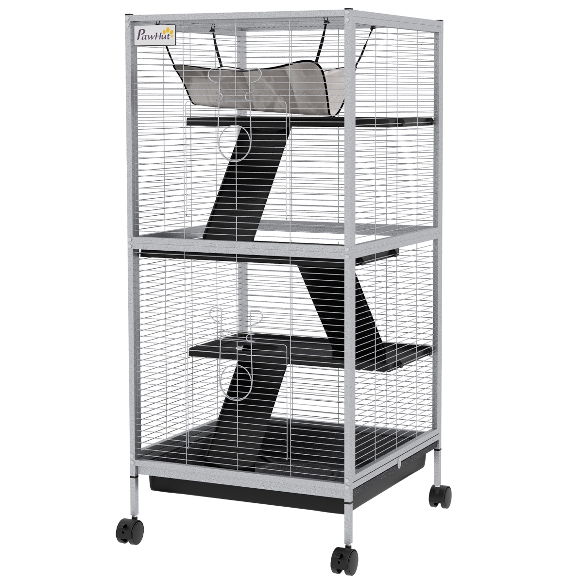 Picture of 212 Main D51-153V00LG PawHut Metal Small Animal Cage Rolling Big Ferret Cage&#44; Chinchilla Cage&#44; Sugar Glider Cage with Hammock & 4 Tiers&#44; Removable Tray&#44; White