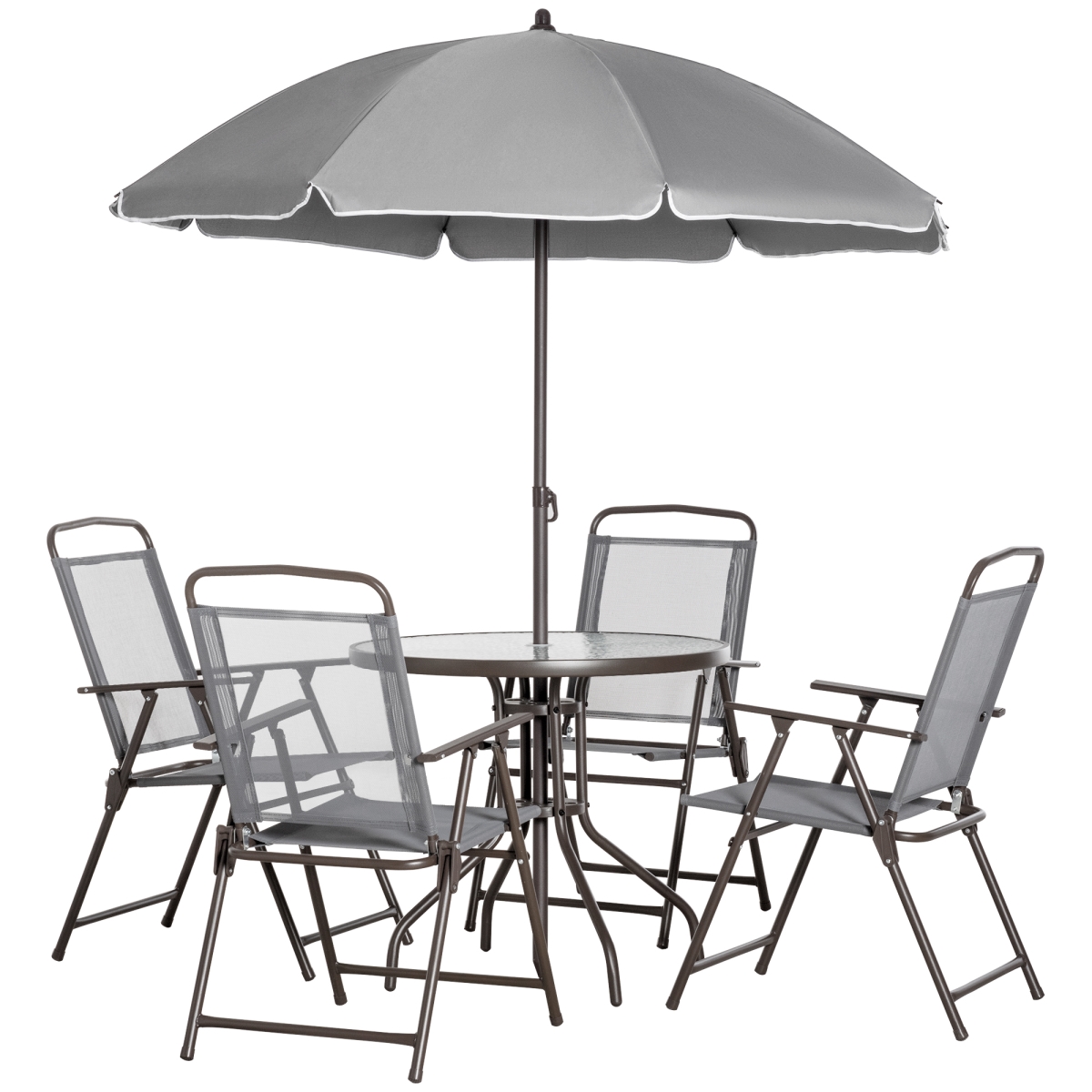 Picture of 212 Main 84B-688 Outsunny Patio Dining Set for 4 with Umbrella with 4 Folding Dining Chairs & Round Glass Table for Garden&#44; Gray - 6 Piece