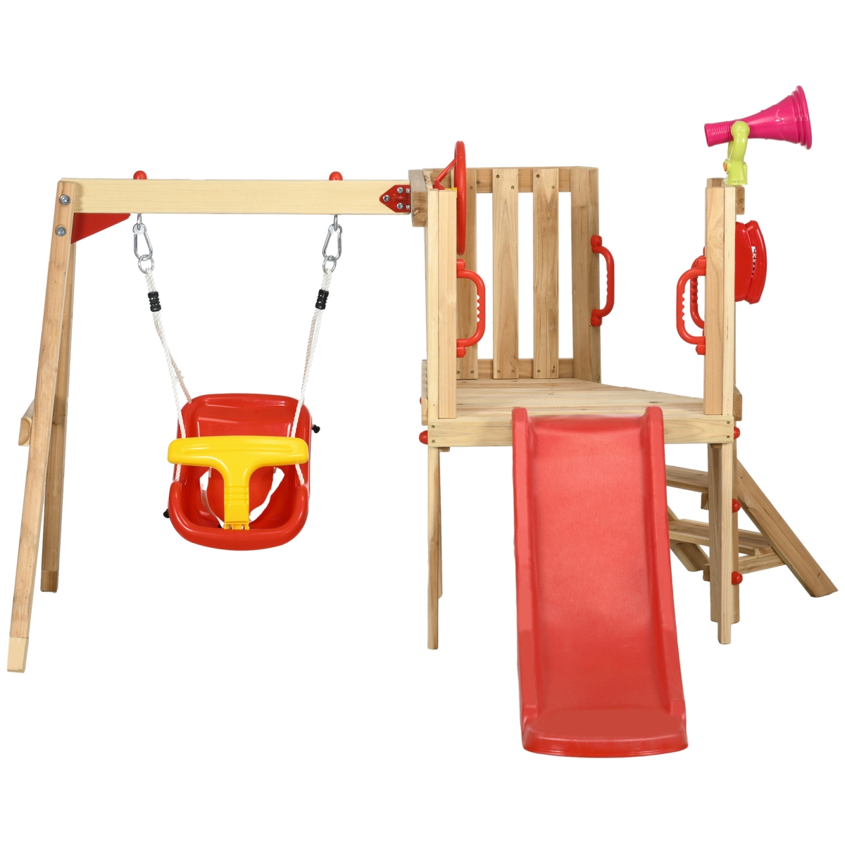 344-070V00RD Outsunny 4-in-1 Wooden Swing Set with Swing, Slide, Horn & Steering Wheel, Red