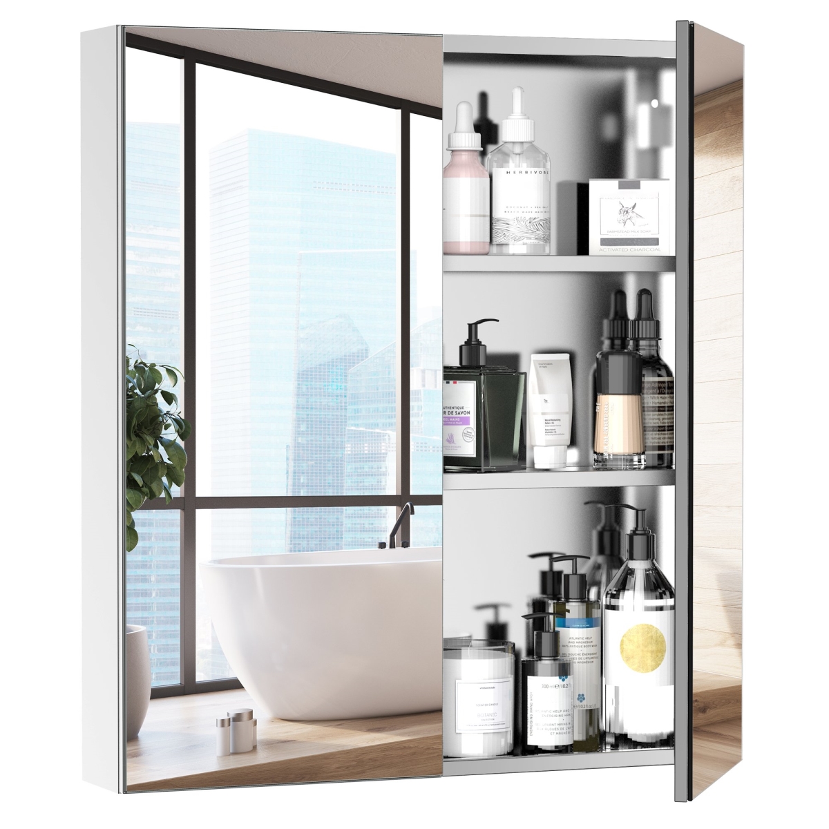 Picture of 212 Main 834-298 Kleankin Bathroom Mirror with Storage&#44; Bathroom Medicine Cabinet with 3-Tier Fixed Metal Shelves & Stainless Steel for Bathroom&#44; Silver
