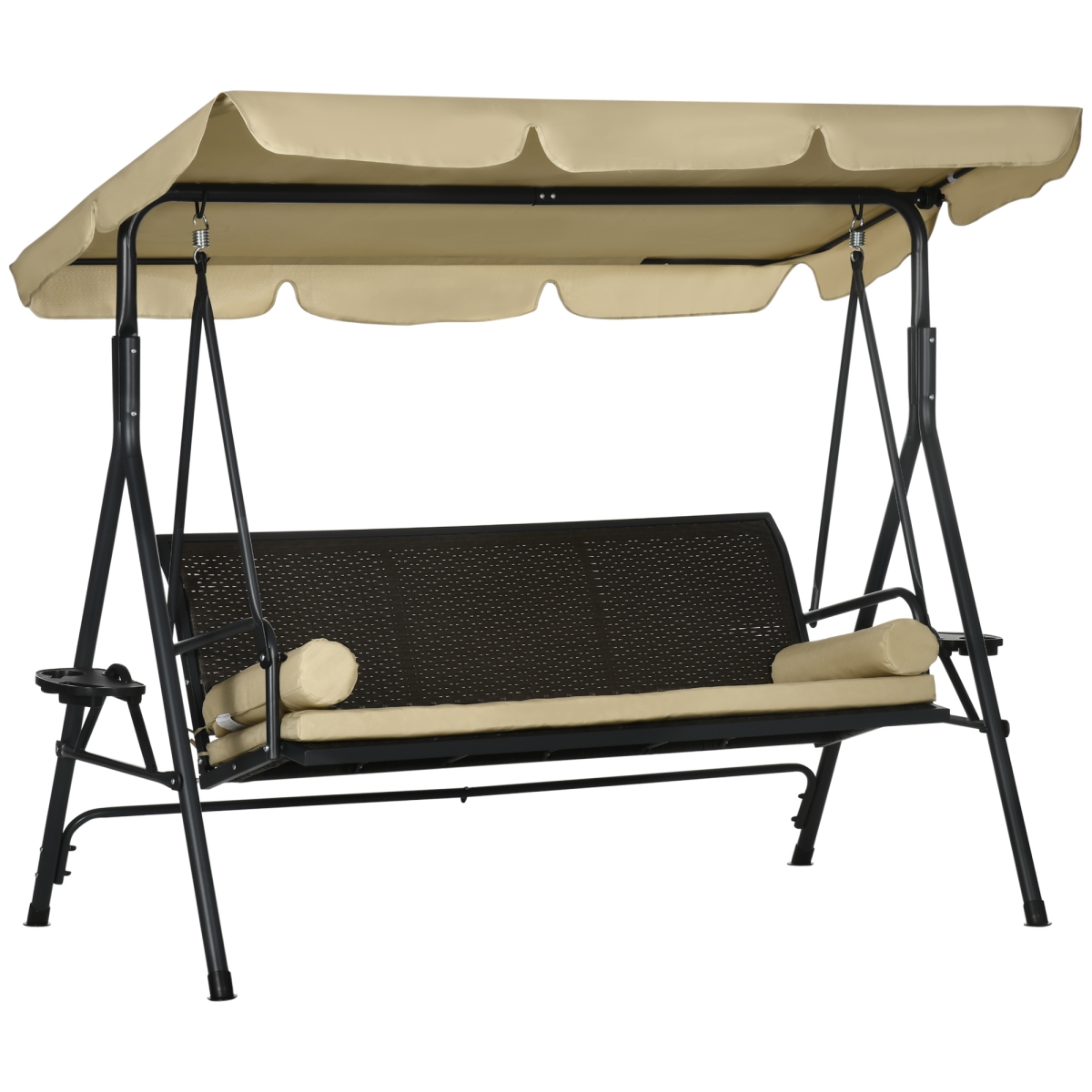 Outsunny 3-Seat Patio Swing Chair, Outdoor Canopy Swing Glider with Removable Cushion, Pillows, Adjustable Shade & Rattan Seat
