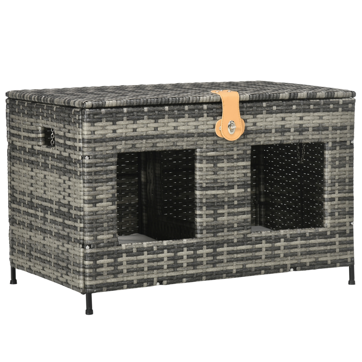 Picture of 212 Main D30-689V00GY PawHut Rattan Cat Bed with Removable Divider&#44; Double-Room Wicker Cat Bed for Indoor Cats & Pet Furniture for 2 Cats&#44; Cushions&#44; Outdoor Indoor Use&#44; Gray