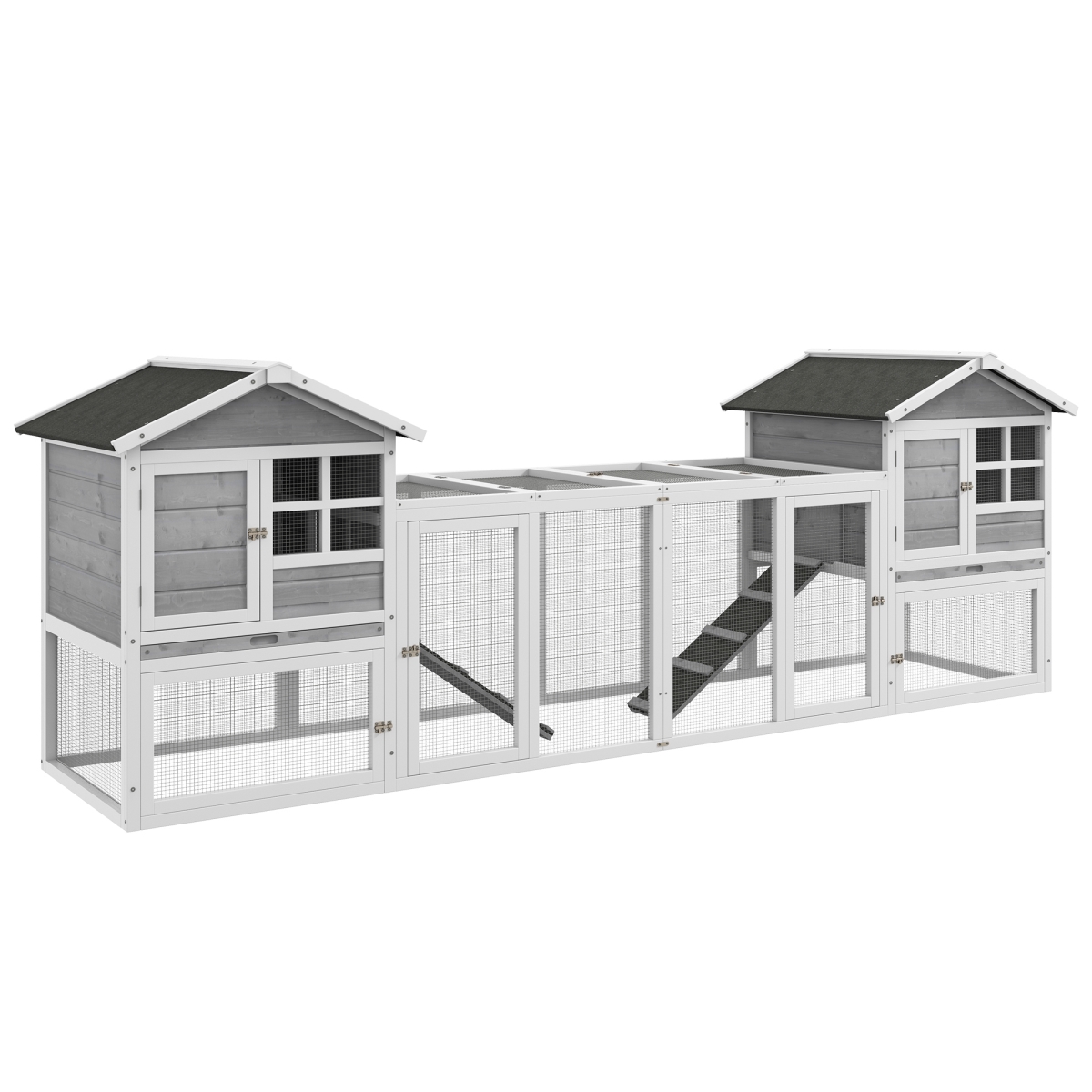 Picture of 212 Main D51-301V02GY 102 in. 2-in-1 PawHut Wooden Rabbit House&#44; Double Main House Pet Playpen&#44; Large Bunny Cage Indoor & Outdoor with 2 Run Boxes & Ramp&#44; Gray