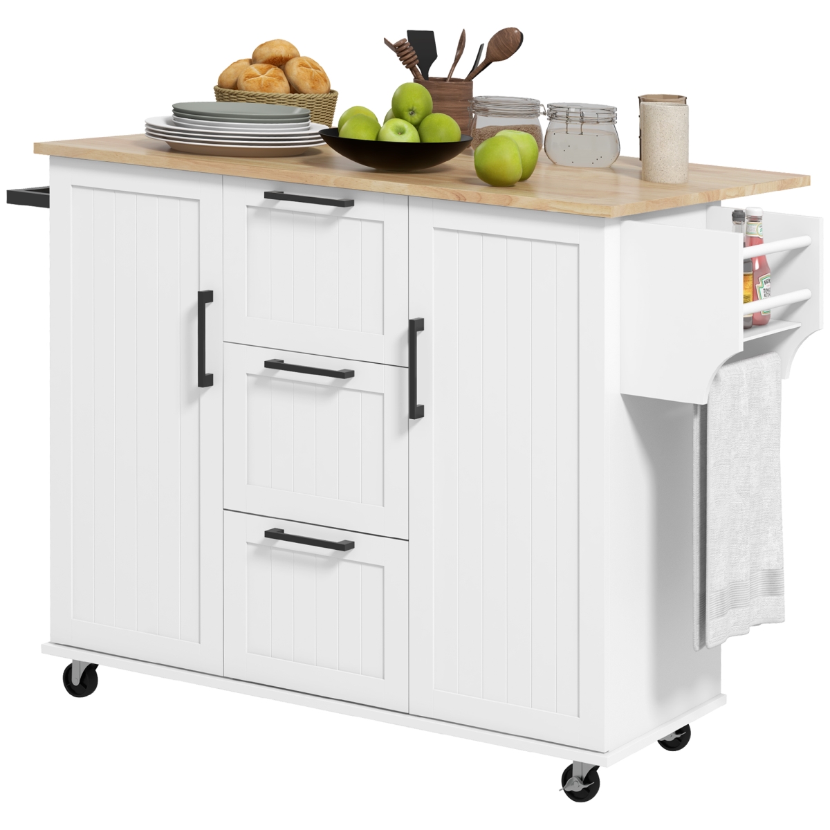 Picture of 212 Main 801-339V80WT Homcom Kitchen Island with Drop Leaf&#44; Rolling Kitchen Cart on Wheels with 3 Drawers&#44; 2 Cabinets&#44; Natural Wood Top&#44; Spice Rack & Towel Rack&#44; White
