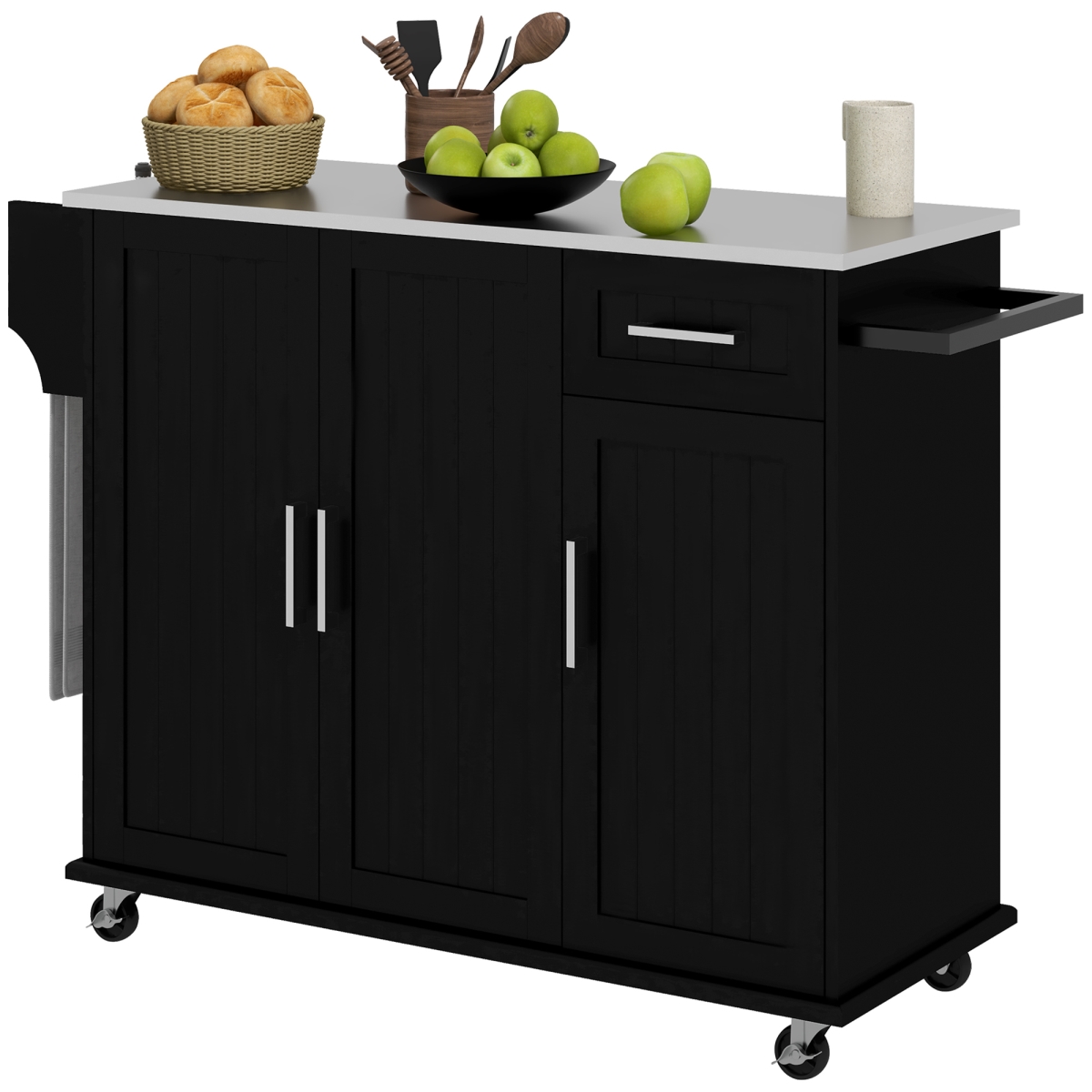 Picture of 212 Main 801-341V80BK Homcom Kitchen Island with Storage&#44; Rolling Kitchen Island on Wheels with Drawer&#44; 3 Cabinets&#44; Stainless Steel Countertop&#44; Spice Rack & Towel Rack&#44; Black