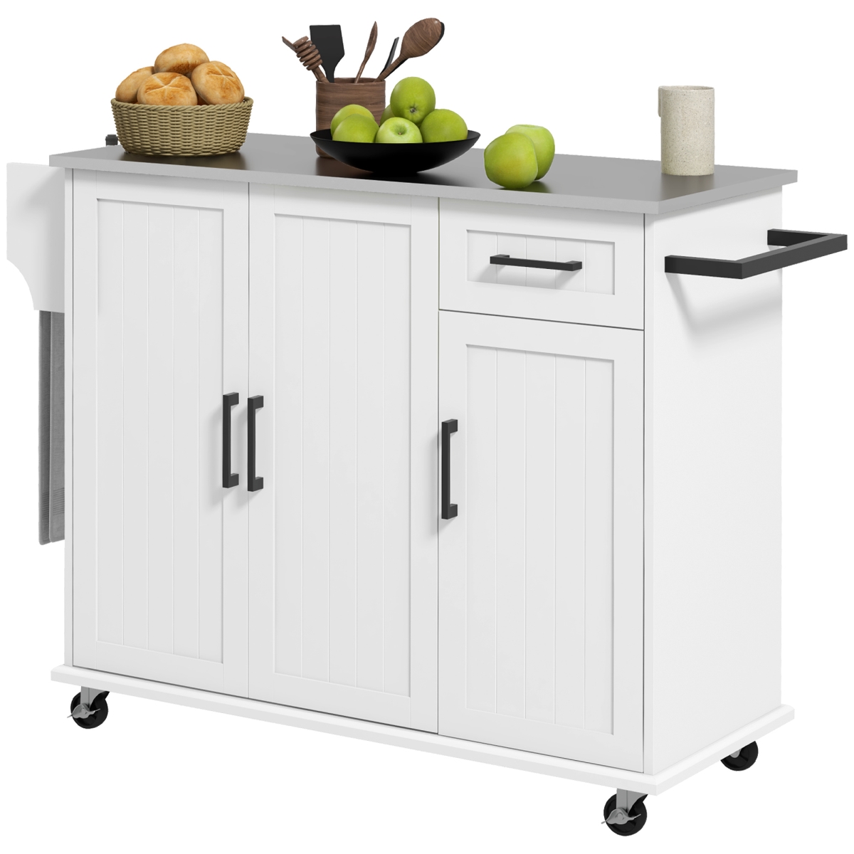 Picture of 212 Main 801-341V80WT Homcom Kitchen Island with Storage&#44; Rolling Kitchen Island on Wheels with Drawer&#44; 3 Cabinets&#44; Stainless Steel Countertop&#44; Spice Rack & Towel Rack&#44; White