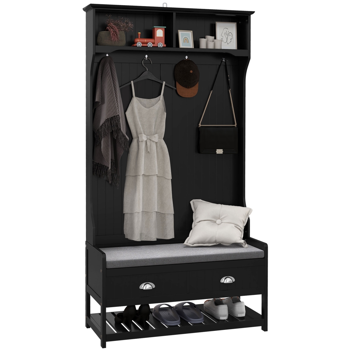 Picture of 212 Main 837-106V80BK Homcom Coat Rack & Bench Hall Tree Organizer with 4 Hooks&#44; 2 Drawers with Padded Seat Cushions for Entryway&#44; Black