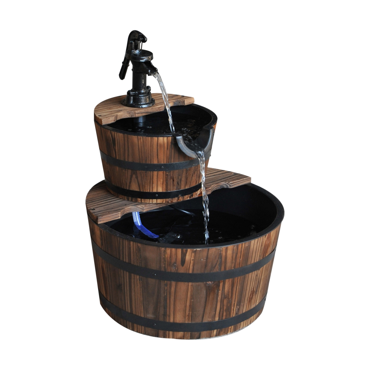 844-096 Outsunny Accent Two-Tier Rustic Wooden Barrel Fountain