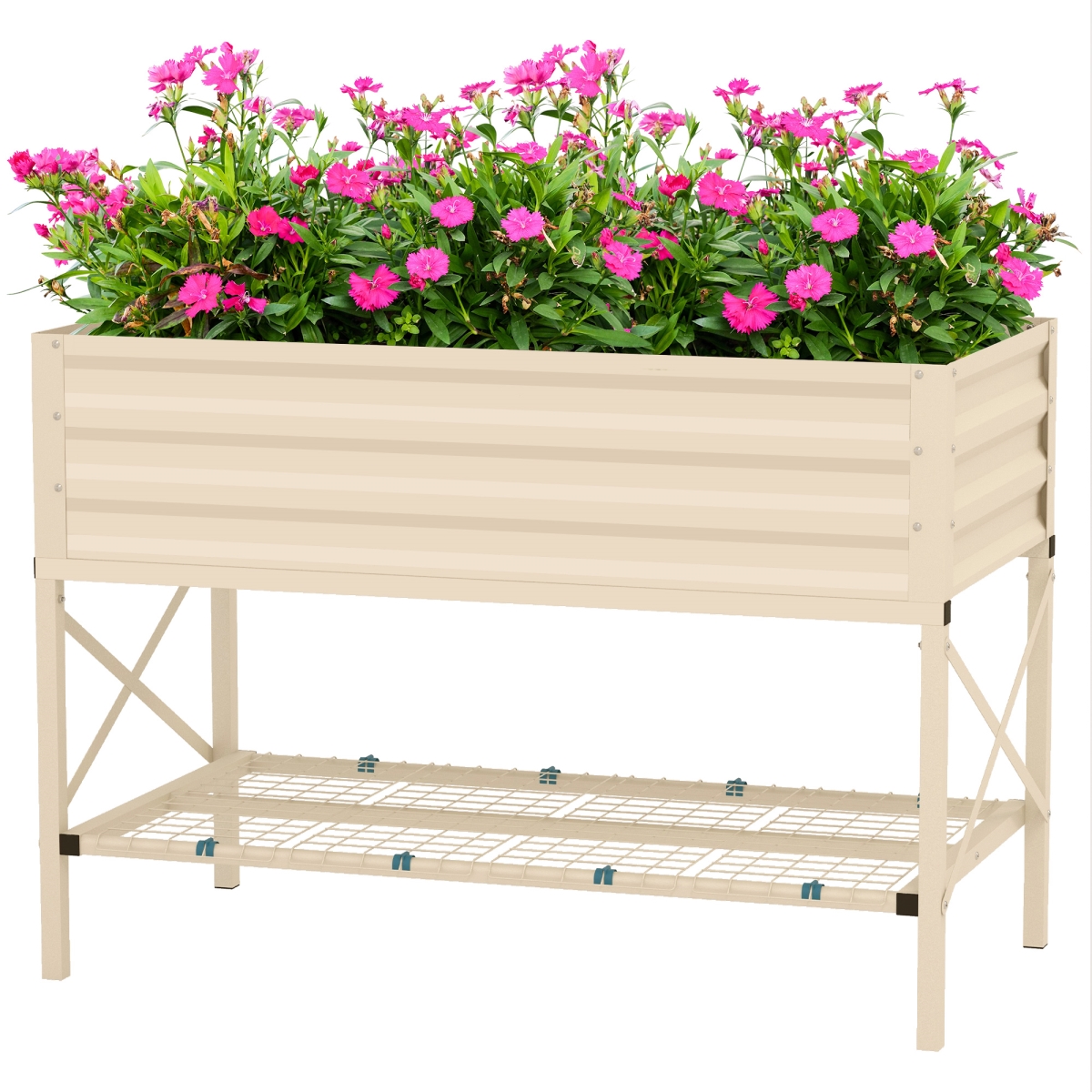 84H-032V00CW Outsunny Galvanized Raised Garden Bed, Metal Planter Box with Legs, Storage Shelf & Bed Liner, Cream