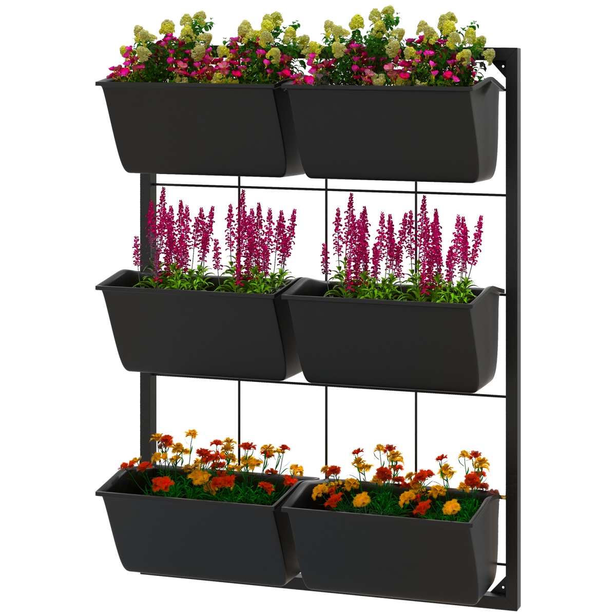 Outsunny 3-Tier Wall Planter Hanging with 6 Pots, Wall Mounted Planter Holder with Water Drainages for Flowers & Vegetable, Black