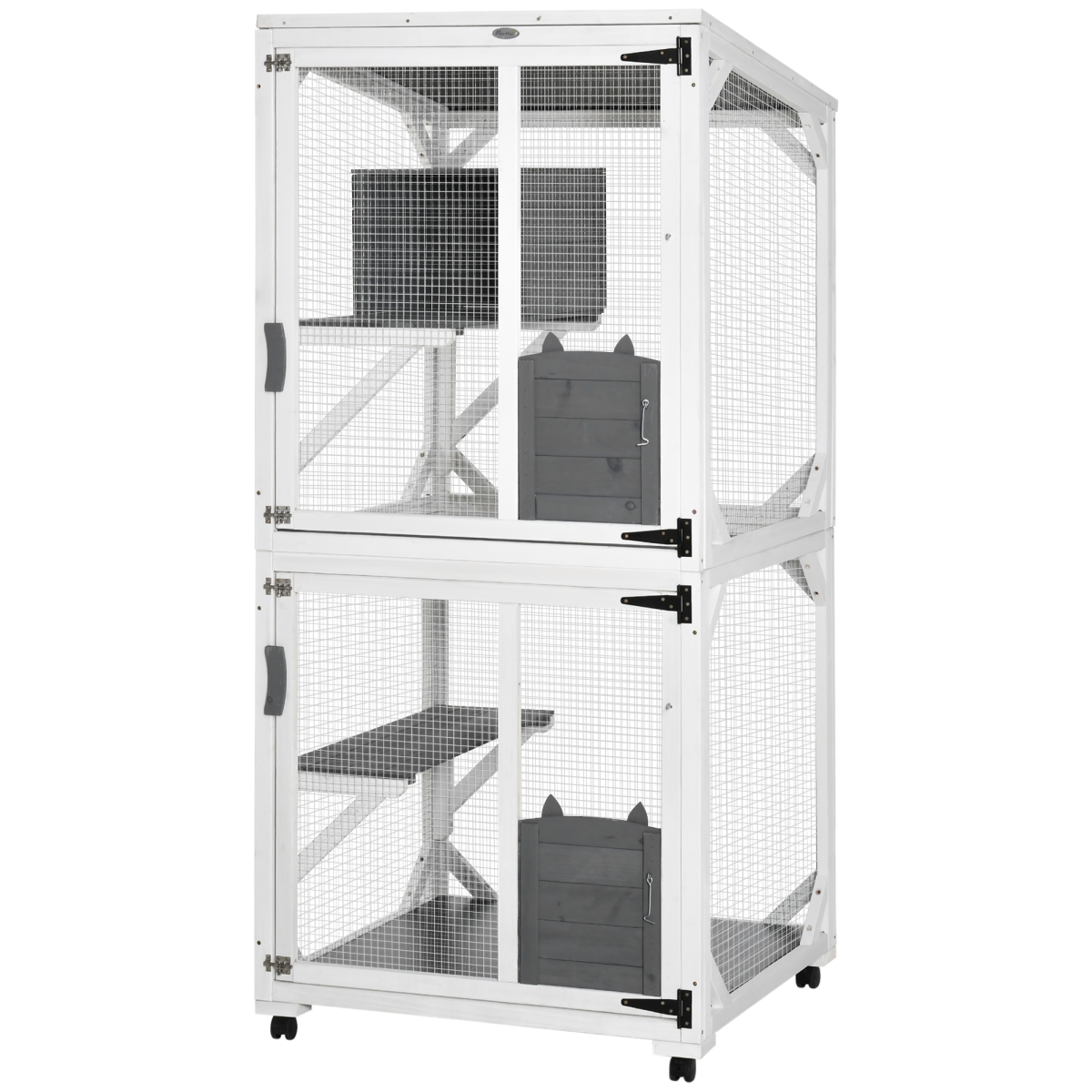 Picture of 212 Main D32-014 PawHut Large Cat House with High-Up Resting Box 70.75 in. Wooden Catio with Asphalt Roof&#44; Indoor & Outdoor Cat Enclosure On Wheels for 1-3 Cats&#44; White