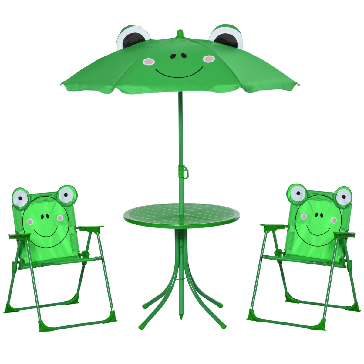 312-024GN Outsunny Kids Folding Picnic Table & Chair Set Frog Pattern with Removable & Height Adjustable Sun Umbrella, Green