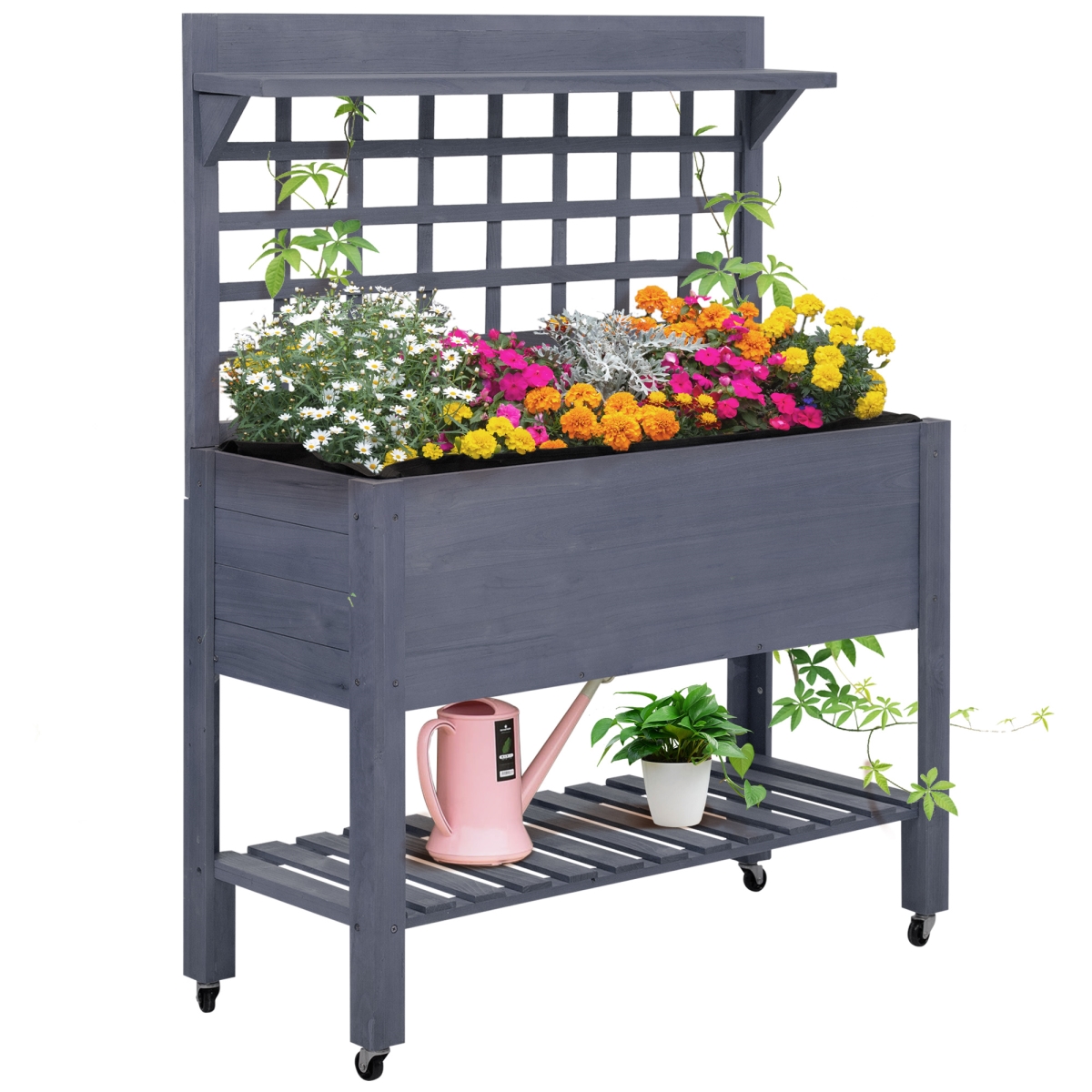 Mobile Elevated Wooden Planter Box - Gray - 41 in. - Trellis & Storage Shelf