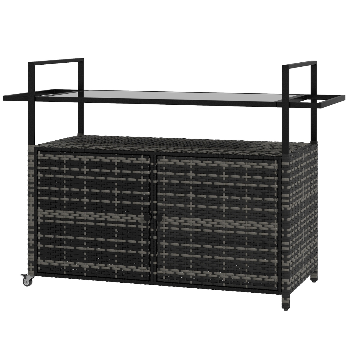 Picture of 212 Main 867-198V00GG Outsunny PE Rattan Outdoor Bar Table&#44; Outdoor Kitchen Island with 2-Tier Shelf&#44; Patio Serving Cart with Glass Top & Handles for Poolside&#44; Mixed Gray